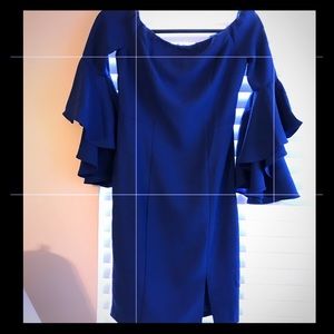 Blue strapless bell-sleeved dress